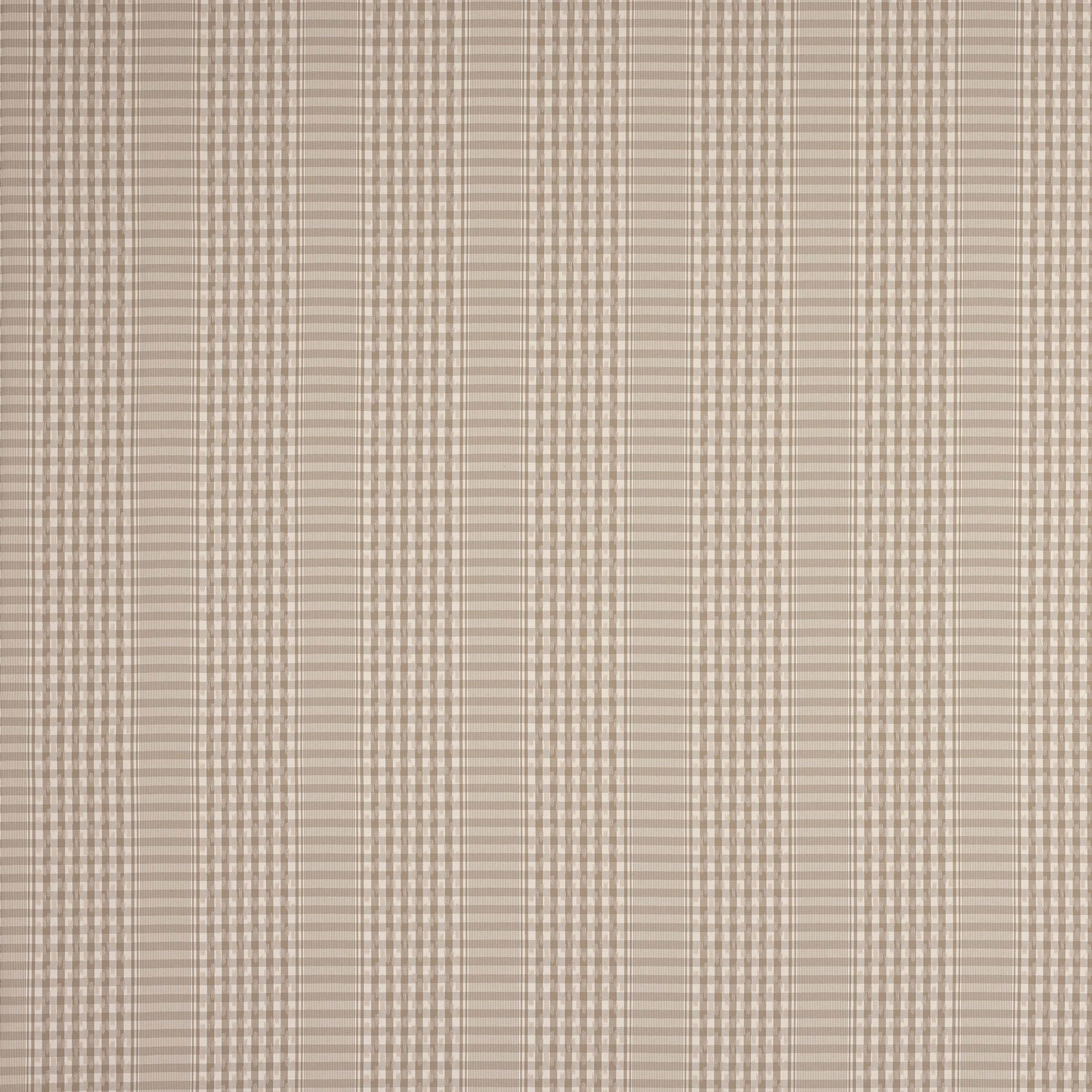 Stone-beige checked cotton fabric with fine taupe stripes and a matte weave