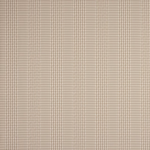 Stone-beige checked cotton fabric with fine taupe stripes and a matte weave