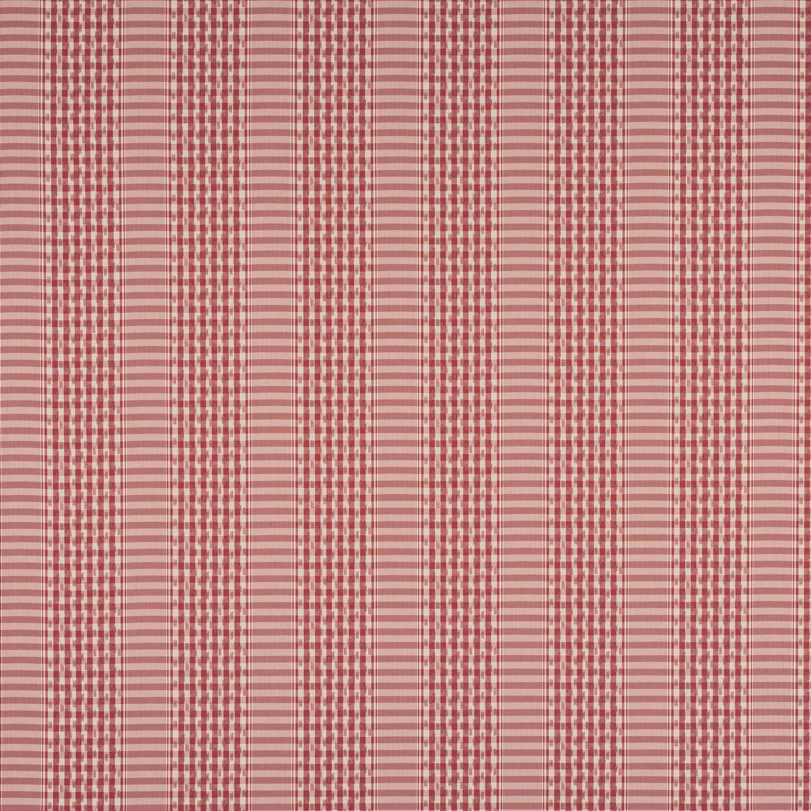 Pink and tomato-red cotton check swatch with vertical striped and gingham bands