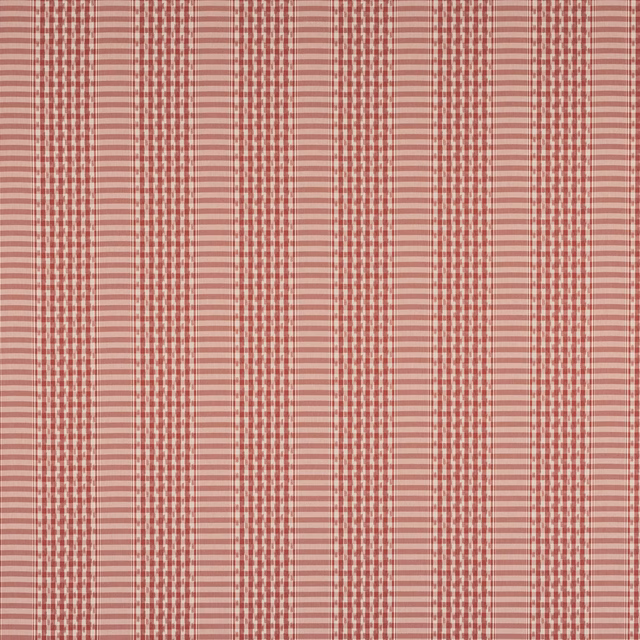 Pink and tomato-red cotton check swatch with vertical striped and gingham bands