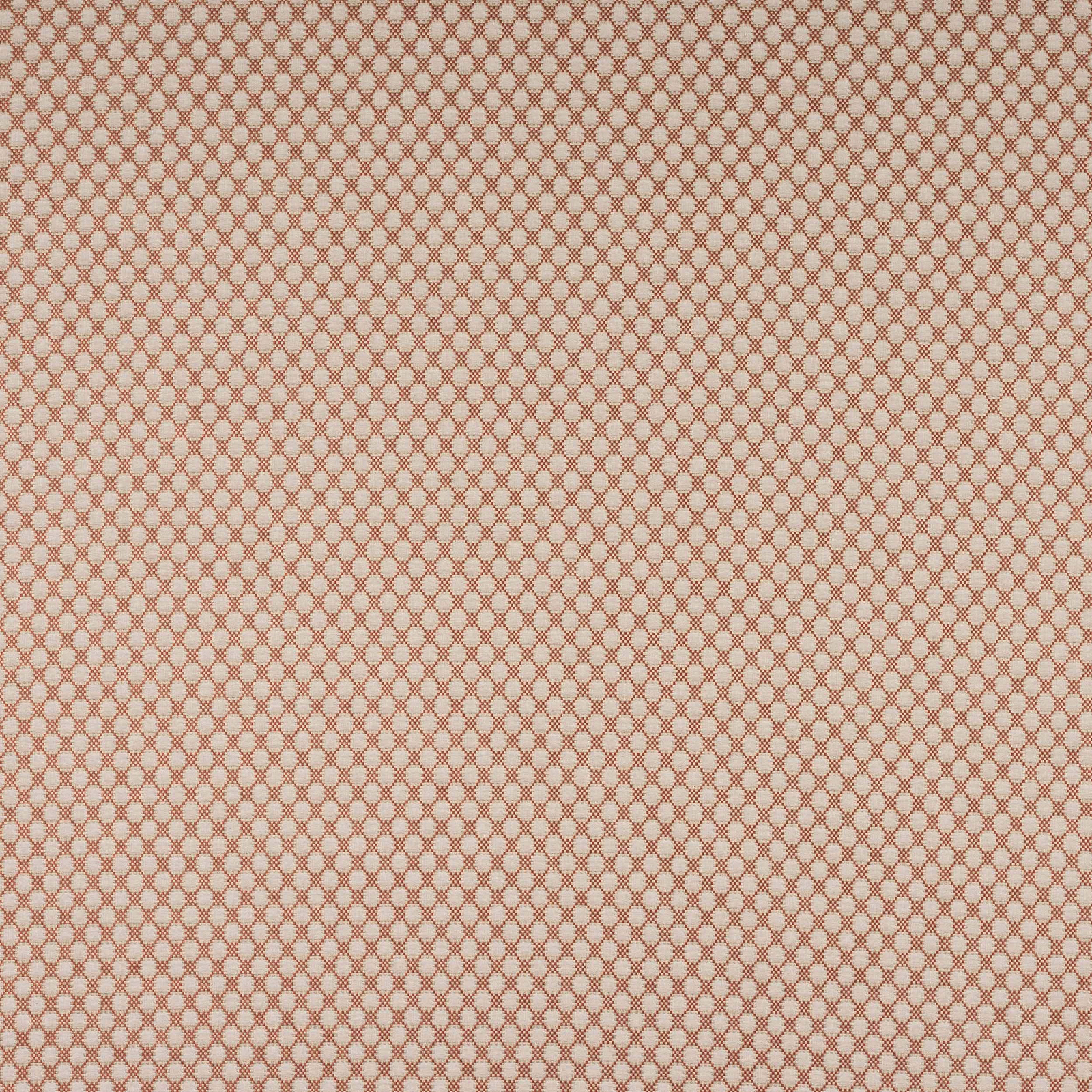 Close-up of Radnor Red Denbury fabric showing a small red geometric lattice on a pale ground.