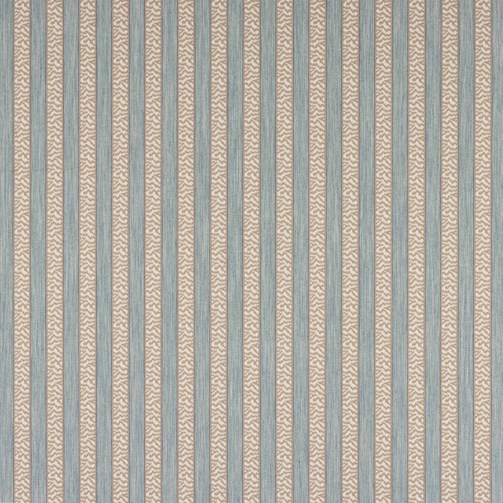 Vertical aqua and beige striped fabric swatch with fine woven texture