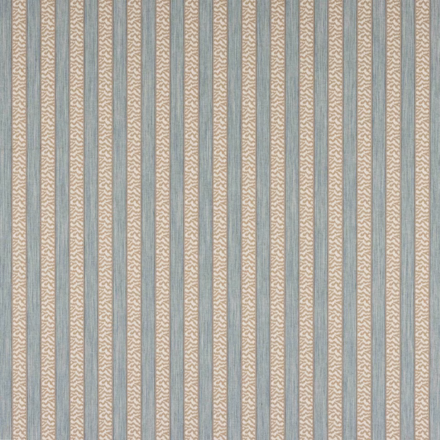 Vertical aqua and beige striped fabric swatch with fine woven texture