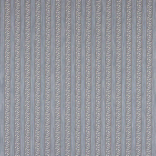 Blue and grey vertical striped fabric swatch with fine textured pattern