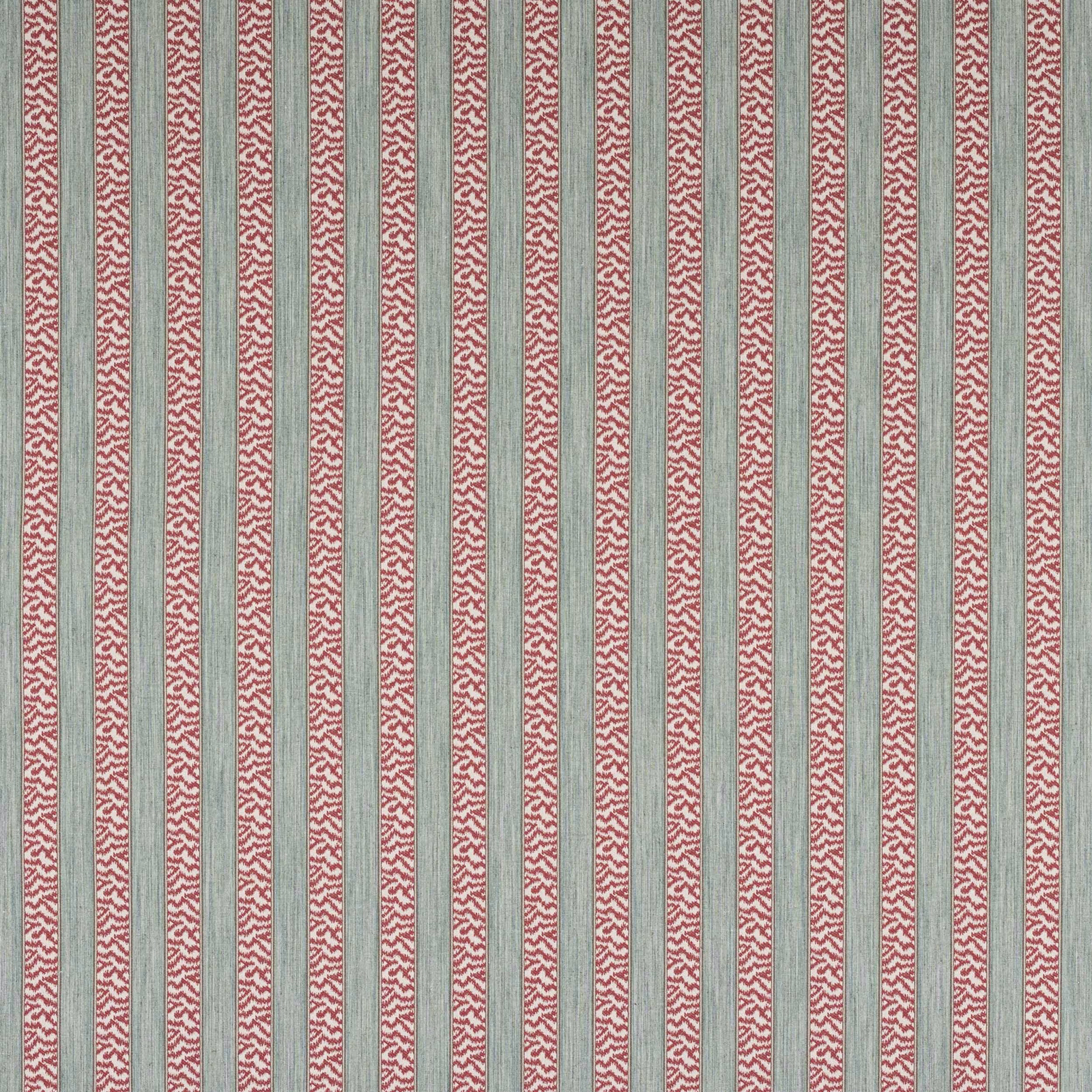 Vertical red stripe fabric with sage green bands and small woven texture