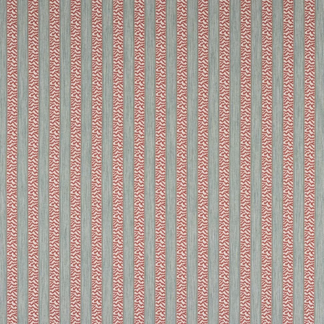 Vertical red stripe fabric with sage green bands and small woven texture