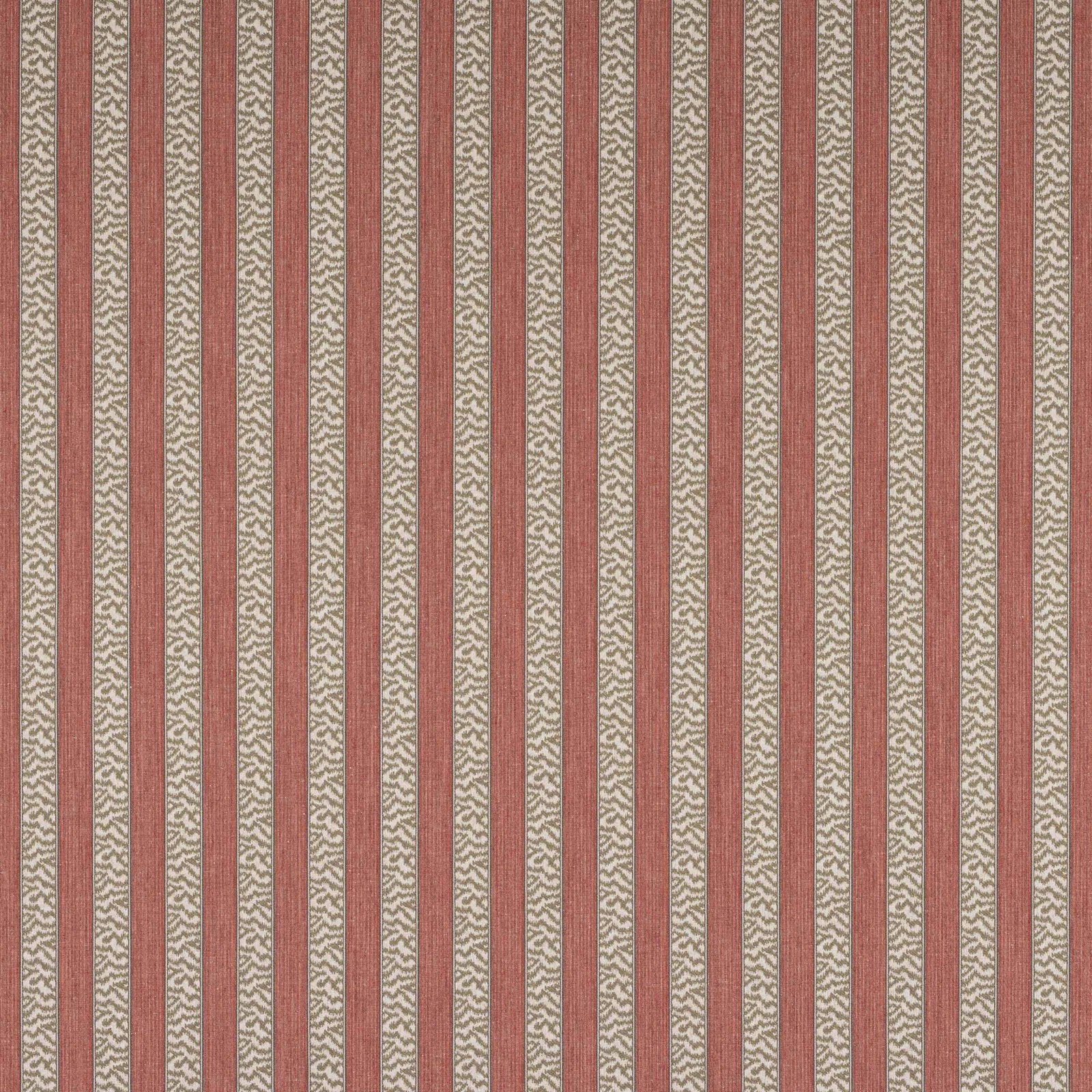 Vertical tomato red and olive striped woven fabric swatch