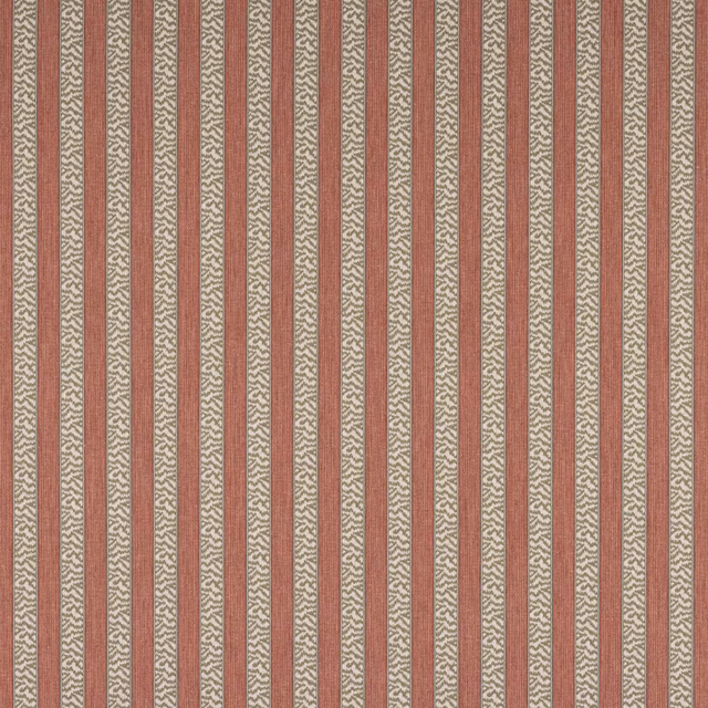 Vertical tomato red and olive striped woven fabric swatch