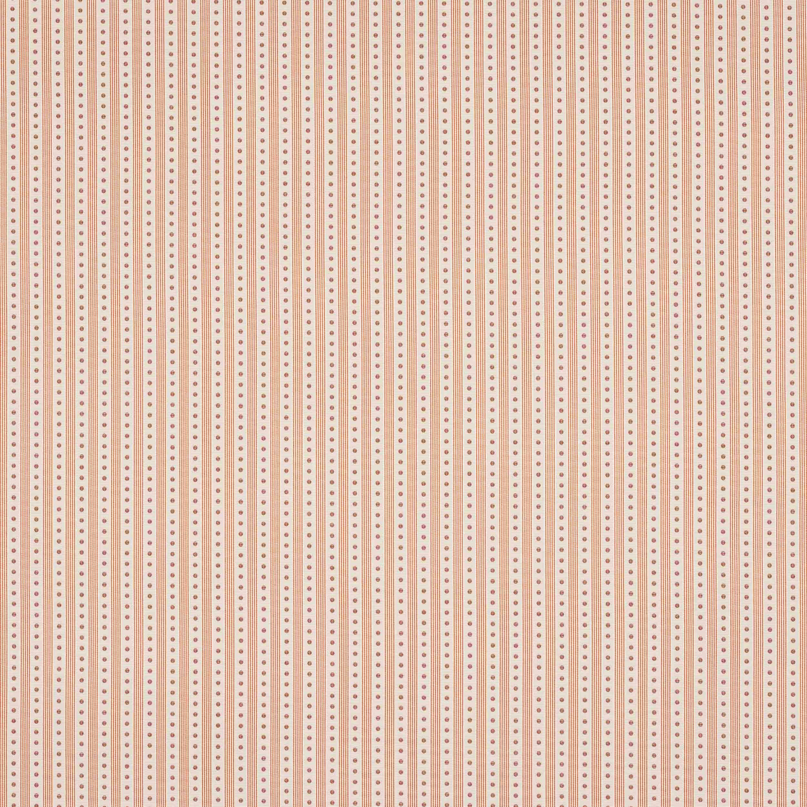 Pale cream fabric with narrow coral pink stripes and tiny dotted vertical detail
