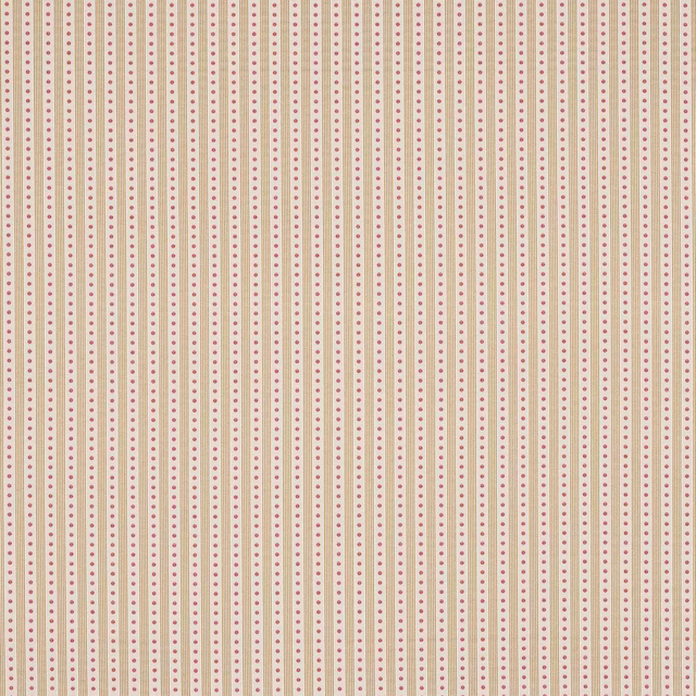 Creamy beige striped fabric with tiny rose-pink dots, shown as a flat swatch