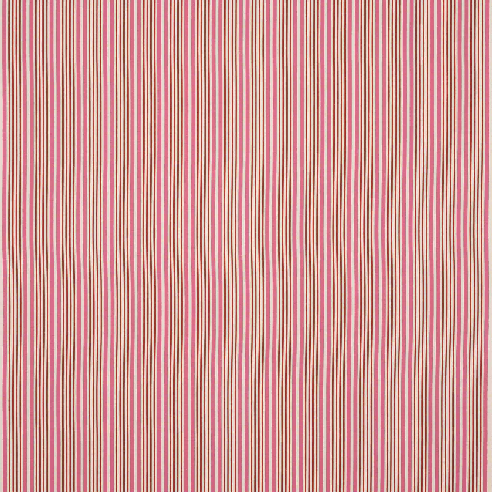 Vertical pink and cream narrow stripe fabric swatch with crisp woven texture