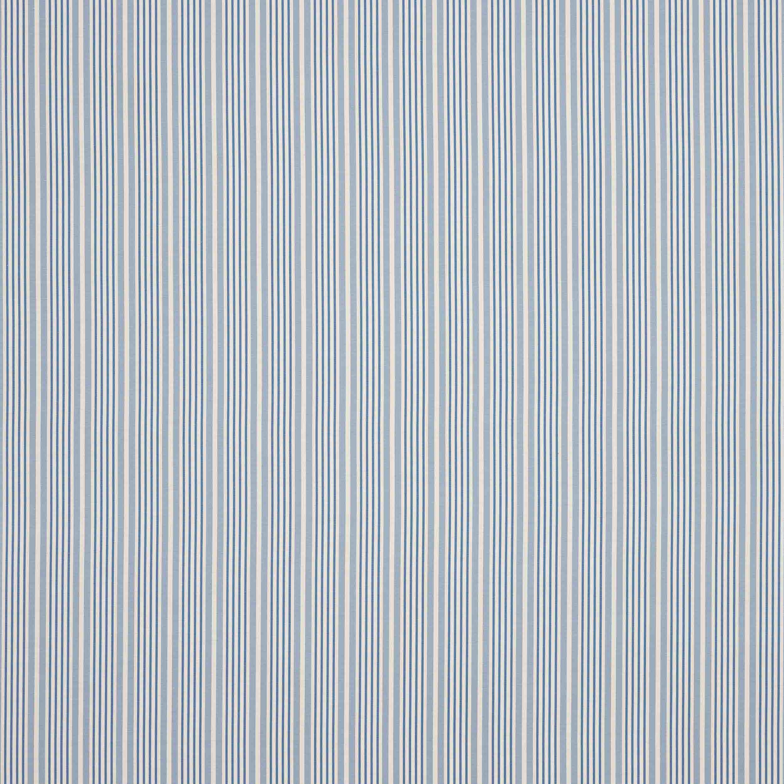 Vertical fine blue and pale cream striped fabric swatch with a smooth woven texture.