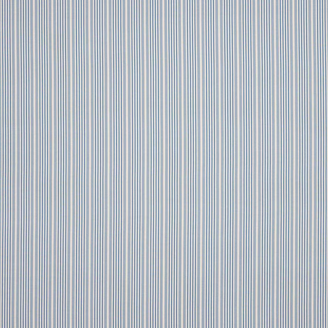 Vertical fine blue and pale cream striped fabric swatch with a smooth woven texture.