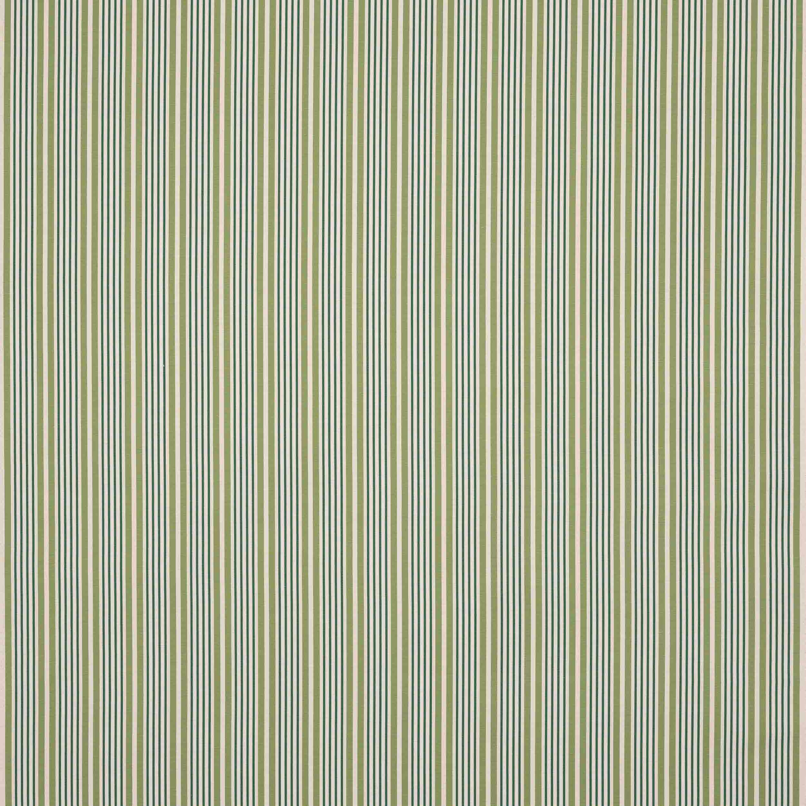 Vertical narrow green and cream striped fabric swatch with fine woven texture