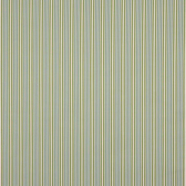 Vertical narrow green and cream striped fabric swatch with fine woven texture