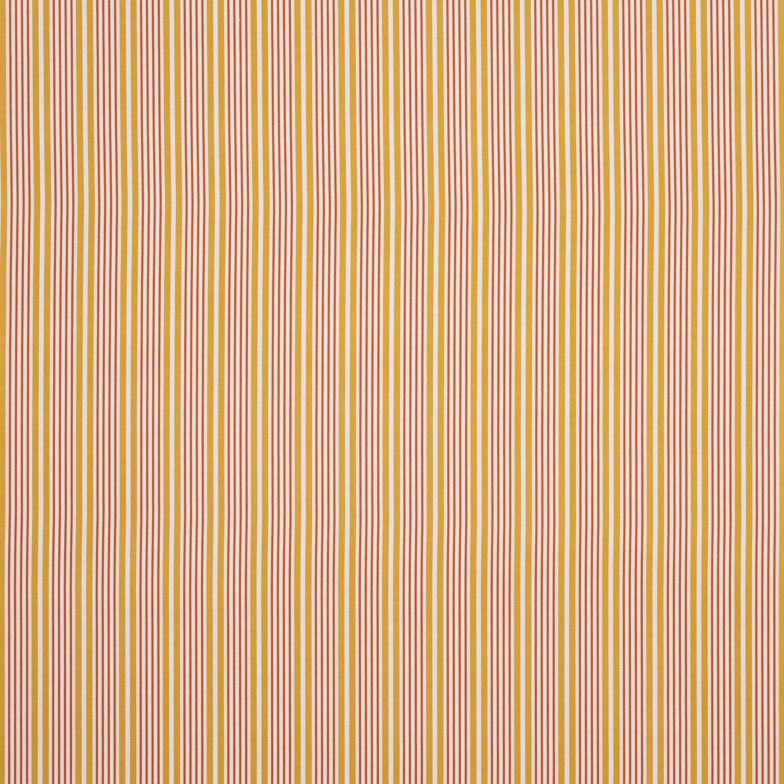 Vertical paprika, cream and yellow striped fabric swatch with fine woven texture