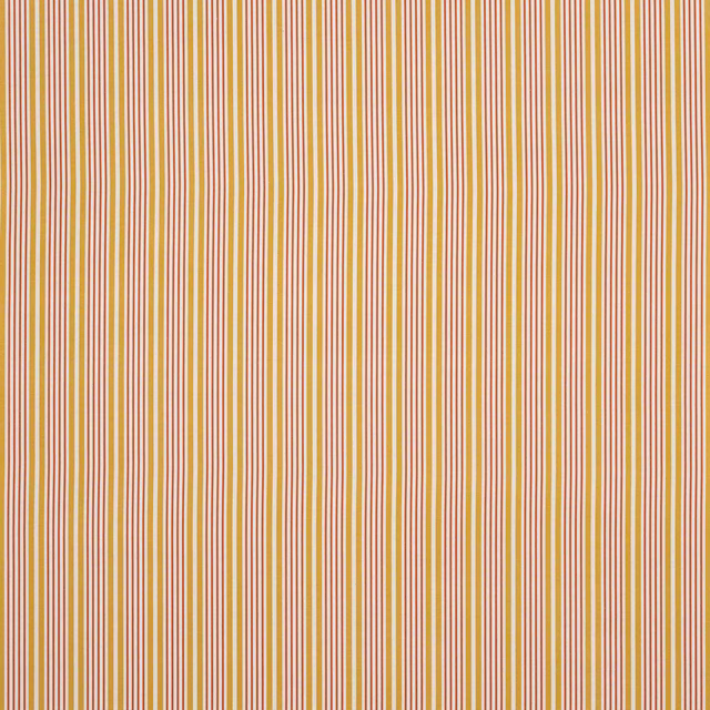 Vertical paprika, cream and yellow striped fabric swatch with fine woven texture