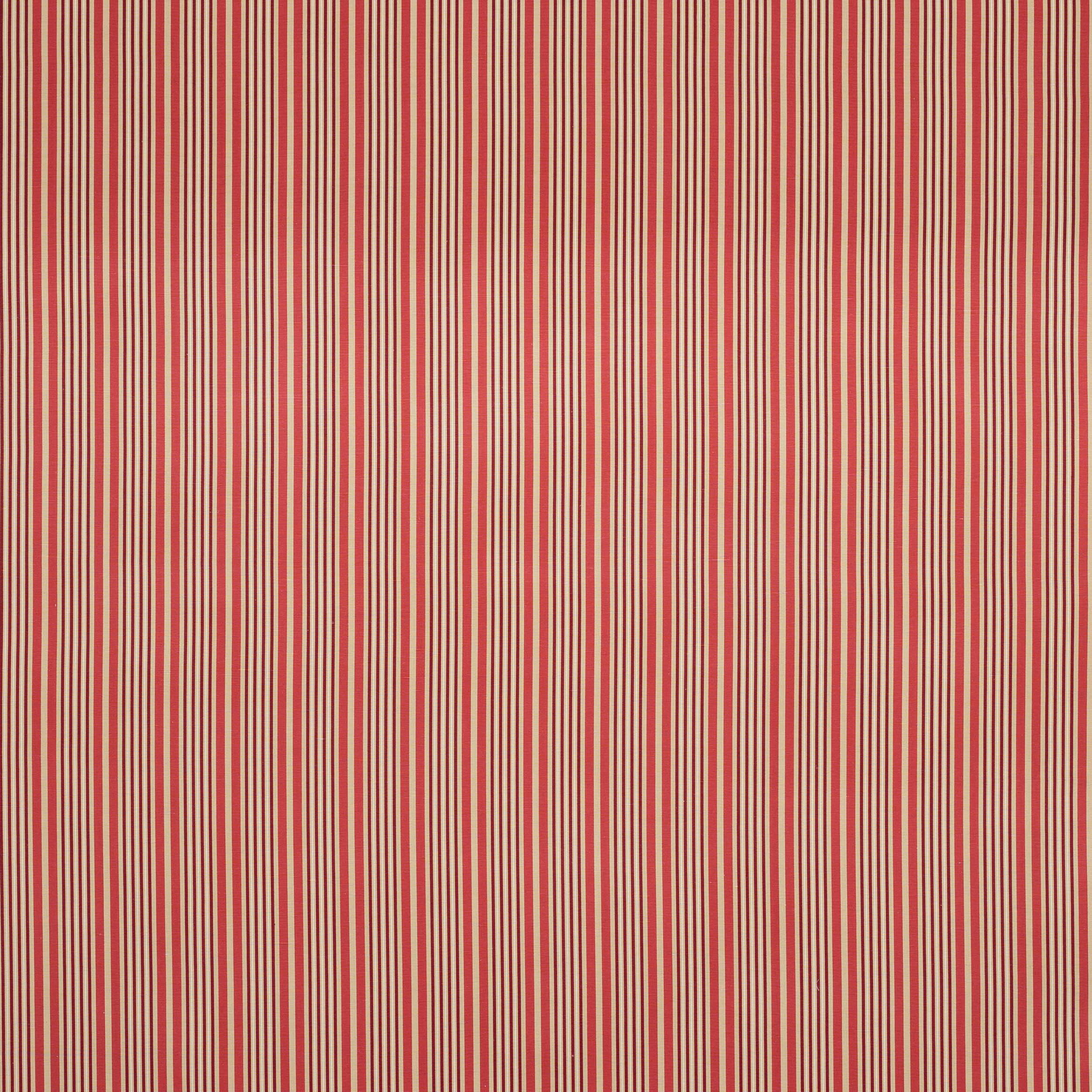 Vertical ruby red and cream pinstripe fabric with a fine woven texture
