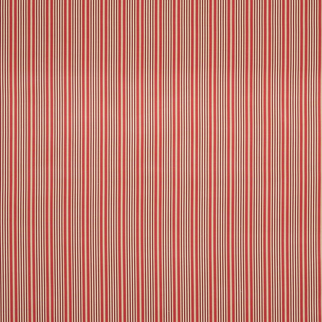 Vertical ruby red and cream pinstripe fabric with a fine woven texture