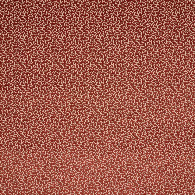 Small-scale brick red and oat scroll pattern woven tightly across the swatch