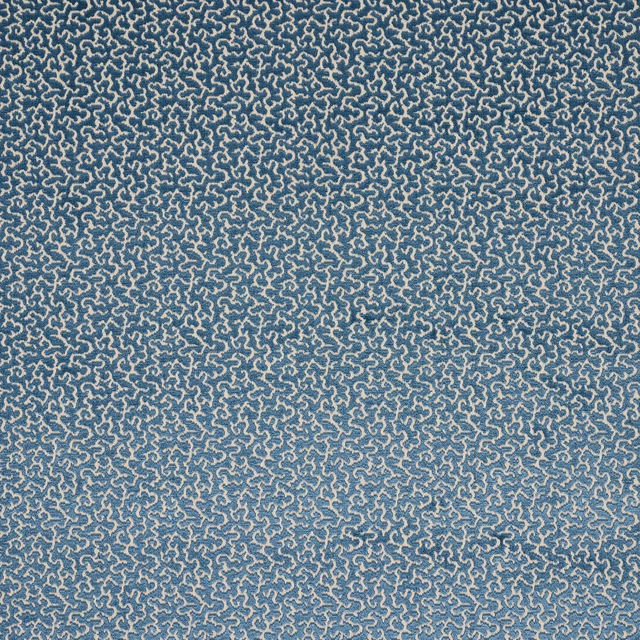 Blue and pale damask-patterned fabric swatch with a textured woven surface