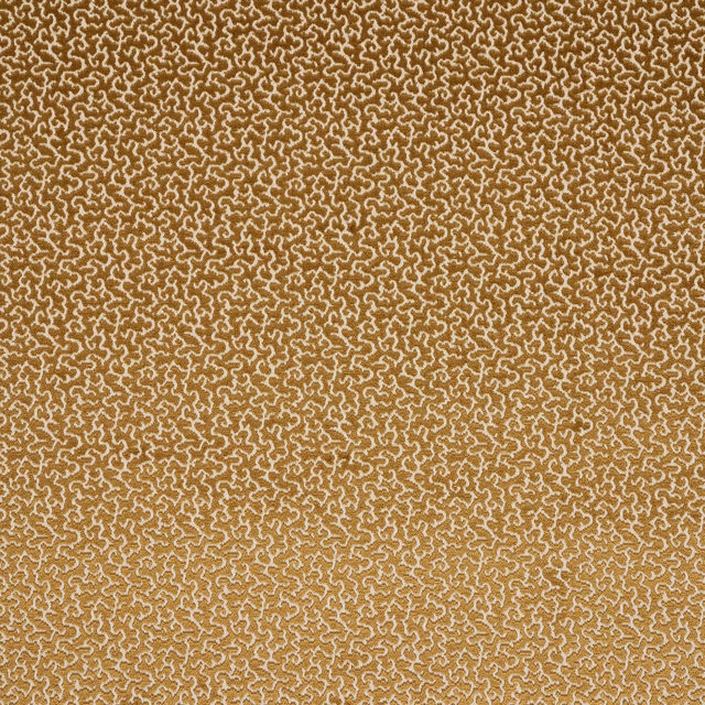 Close-up of ochre-gold woven fabric with small ivory scroll pattern