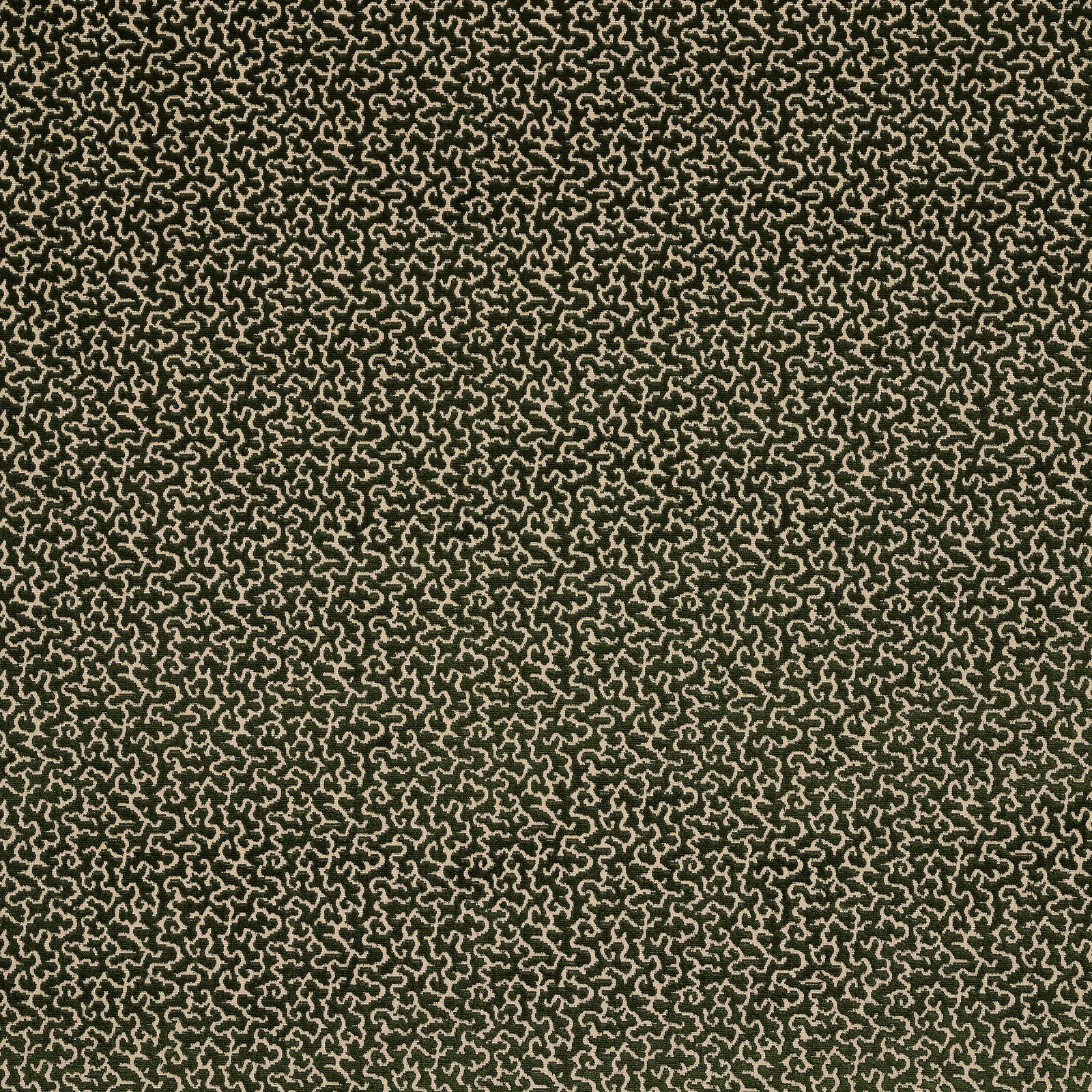 Small scrolling ivory motif on a deep moss green textured fabric swatch