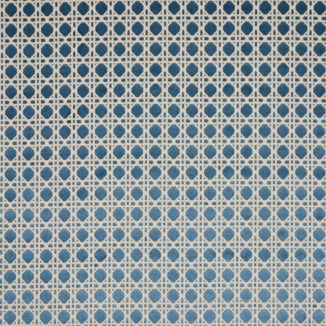 Blue geometric lattice fabric on a pale ground, small-scale repeating motif