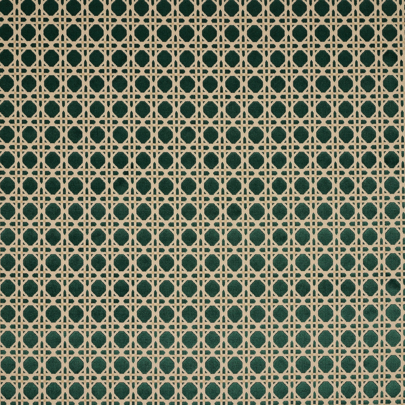 Green geometric woven fabric with a linen lattice and dark emerald circles