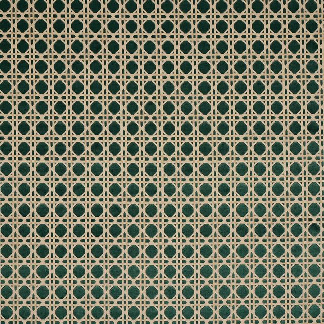 Green geometric woven fabric with a linen lattice and dark emerald circles