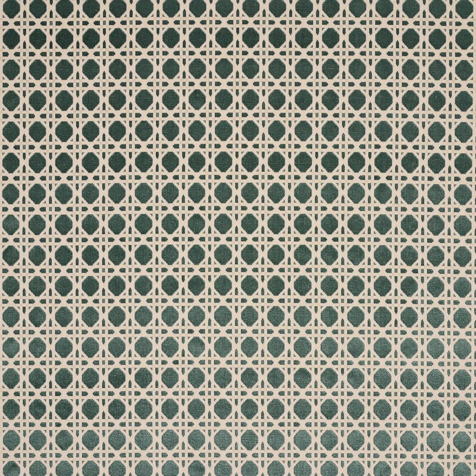 Small geometric fabric swatch in deep teal and ivory lattice pattern