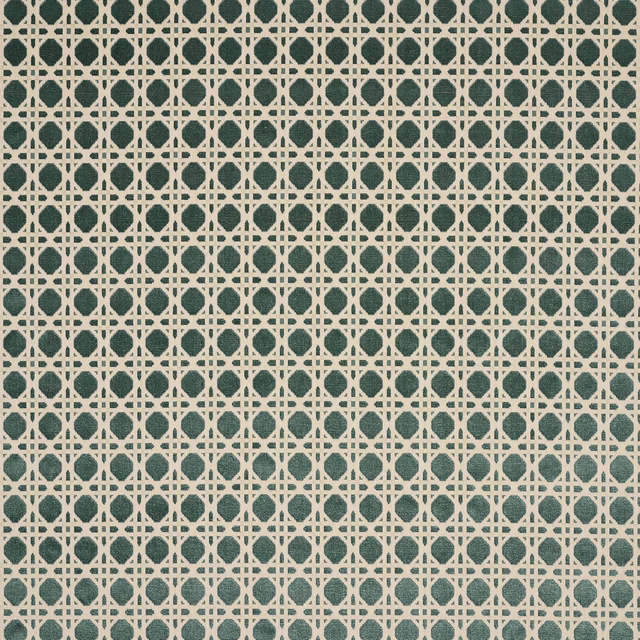 Small geometric fabric swatch in deep teal and ivory lattice pattern