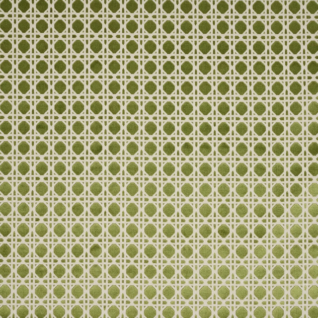 Olive green geometric fabric with cream lattice and small circular motif