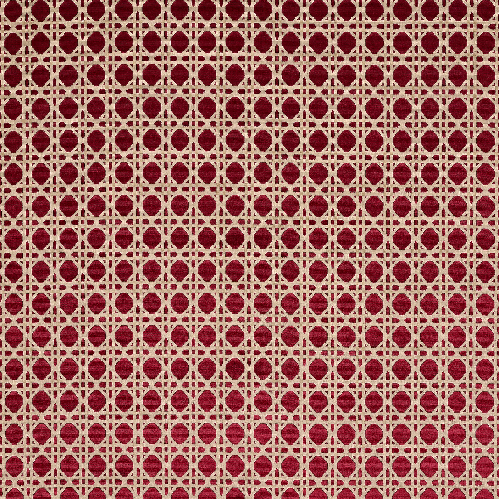 Ruby red geometric lattice fabric swatch with small repeating woven motif