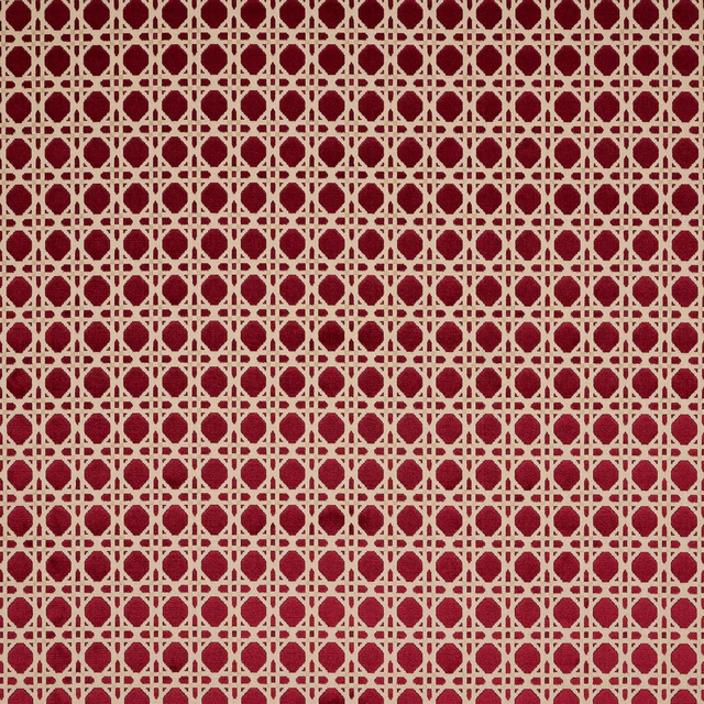 Ruby red geometric lattice fabric swatch with small repeating woven motif