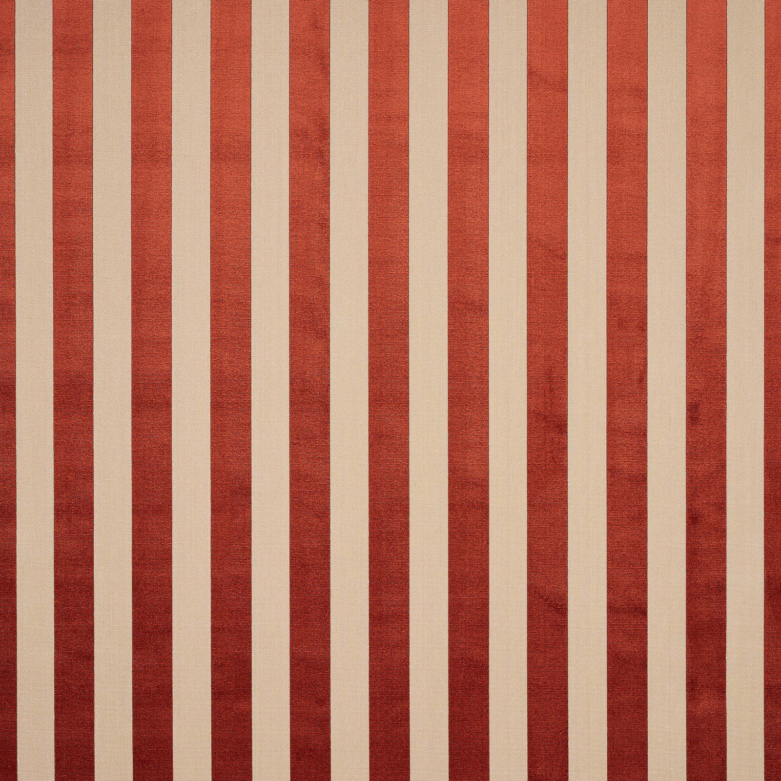Vertical brick-red and ivory striped fabric swatch with a dry woven texture