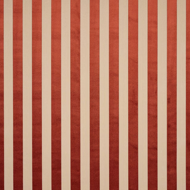Vertical brick-red and ivory striped fabric swatch with a dry woven texture