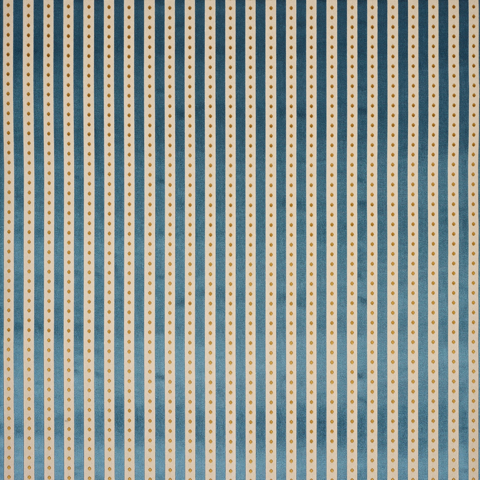 Pale blue striped fabric with tiny gold dotted motif on a woven ground