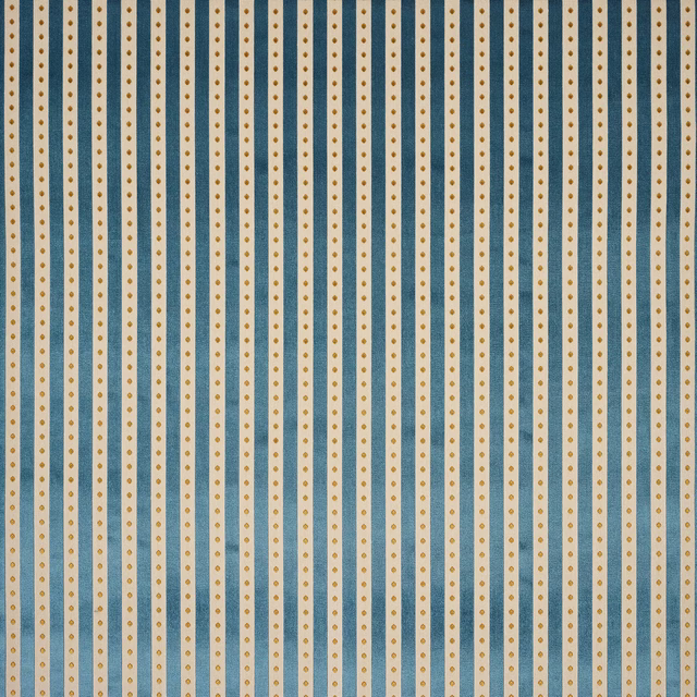 Pale blue striped fabric with tiny gold dotted motif on a woven ground