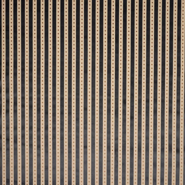 Vertical beige striped fabric with tiny dark dot motifs and fine woven texture