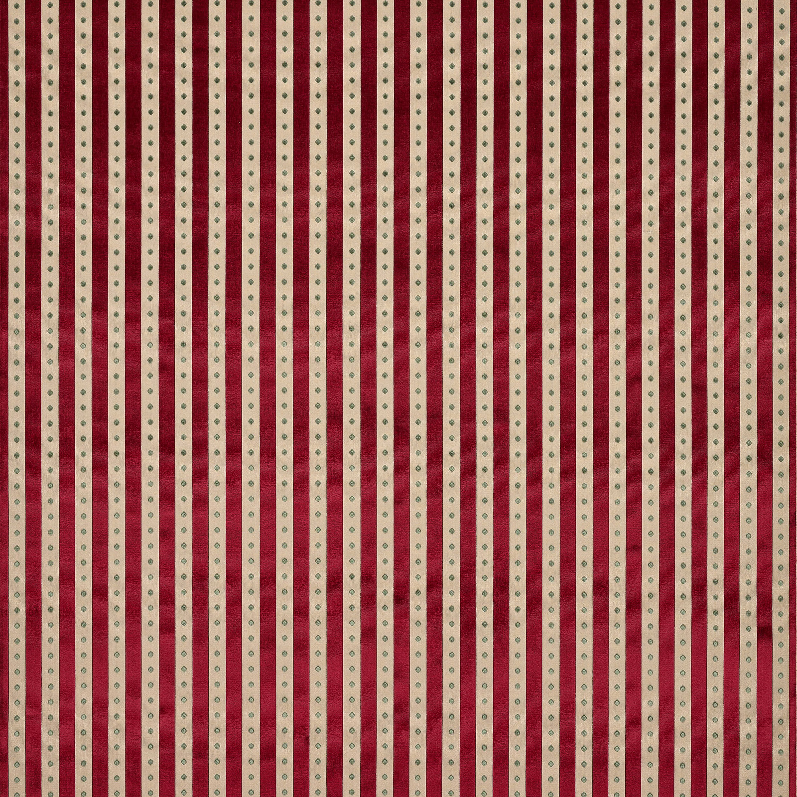 Vertical pink and cream striped fabric with tiny green dot motifs