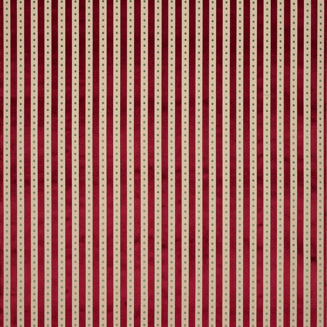 Vertical pink and cream striped fabric with tiny green dot motifs