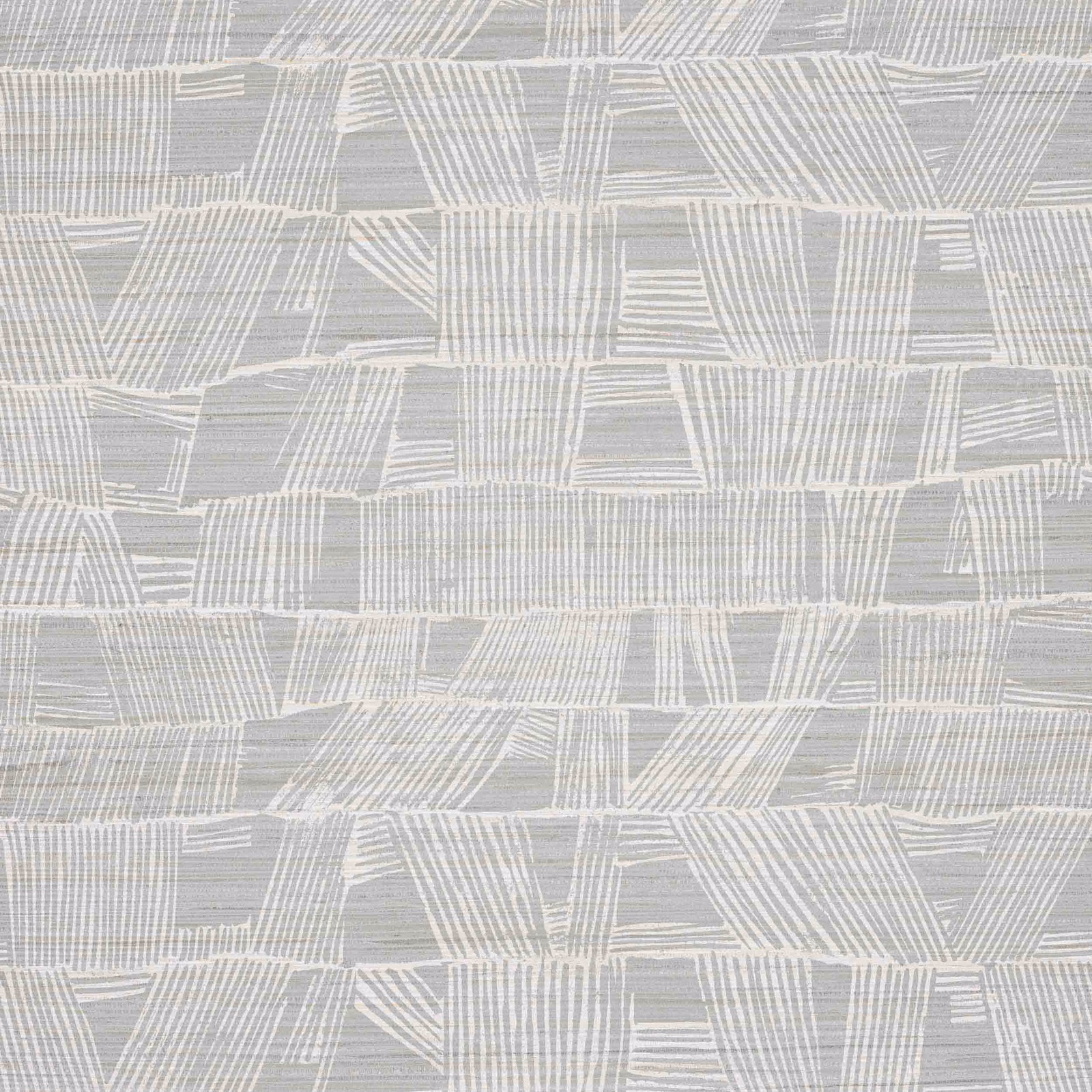 Pale cloud-grey wallpaper with ivory abstract grids, angled bands and fine linear texture