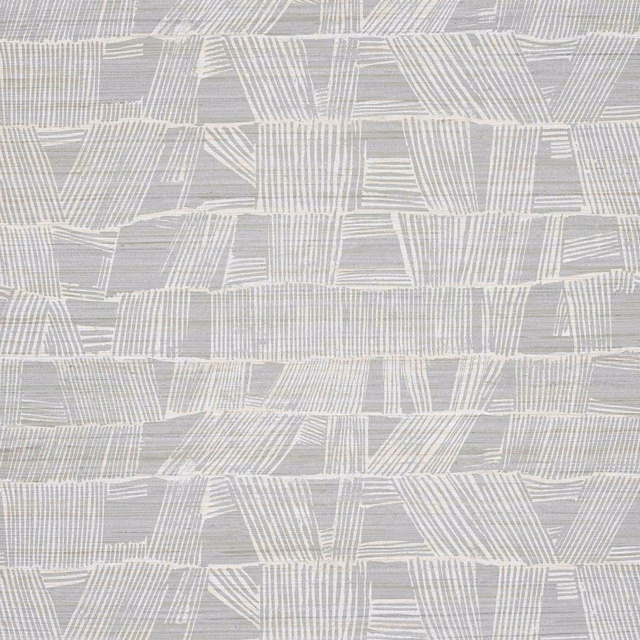 Pale cloud-grey wallpaper with ivory abstract grids, angled bands and fine linear texture