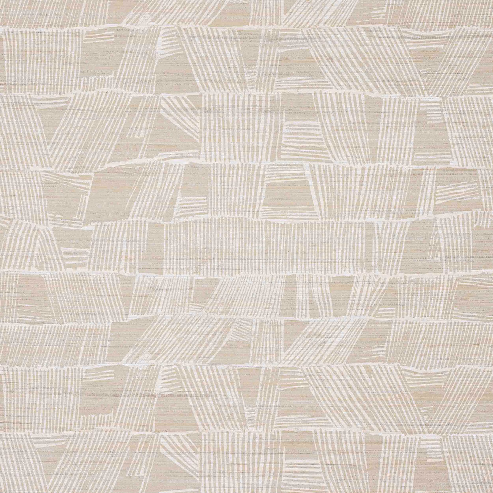 Pale stone hemp wallcovering with white abstract geometric blocks and linear marks