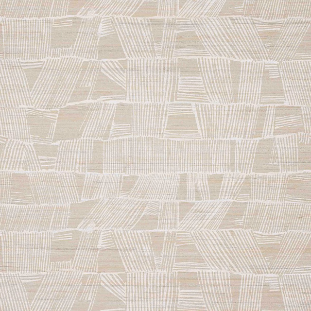 Pale stone hemp wallcovering with white abstract geometric blocks and linear marks