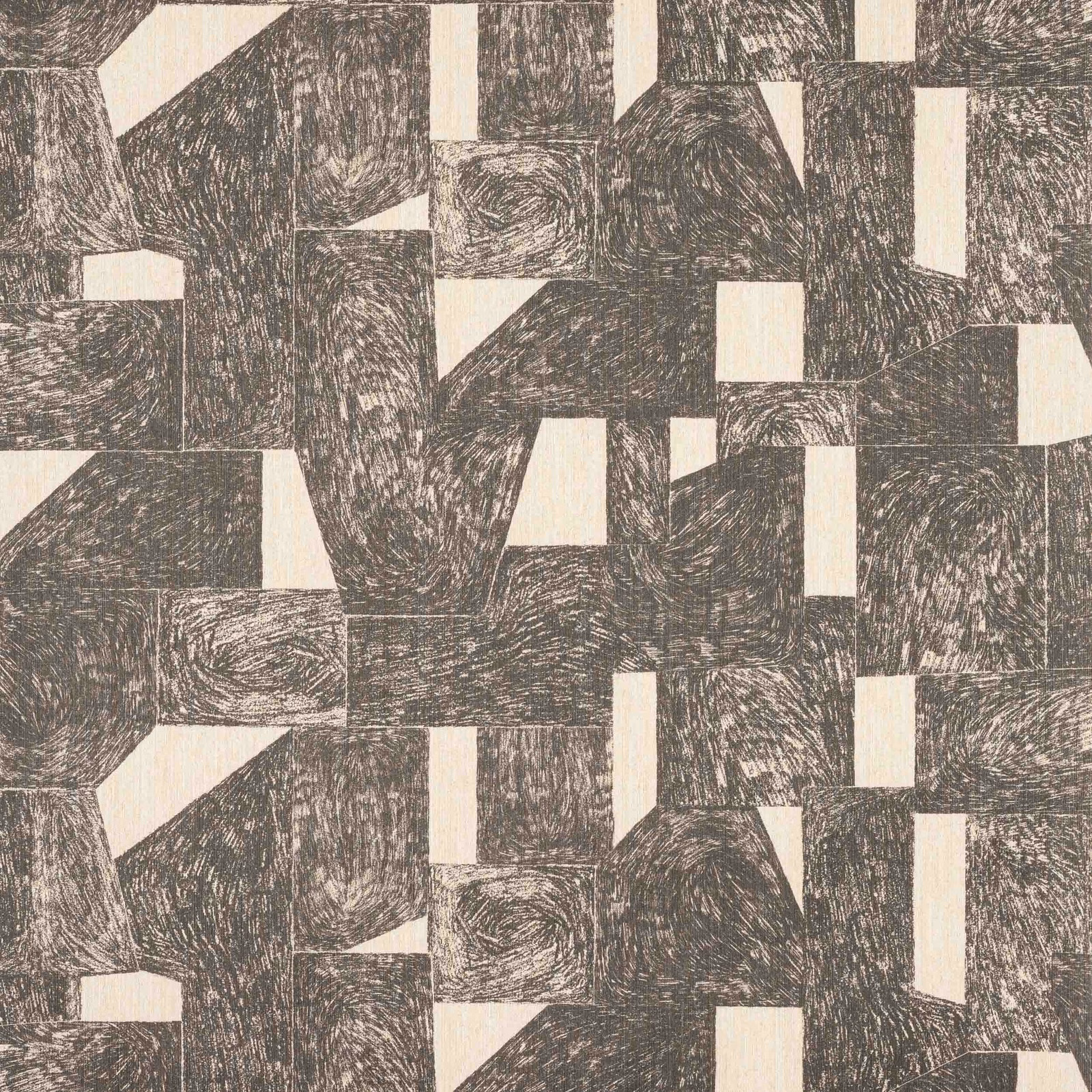 Charcoal and ivory abstract block wallpaper with visibly fibrous jute texture