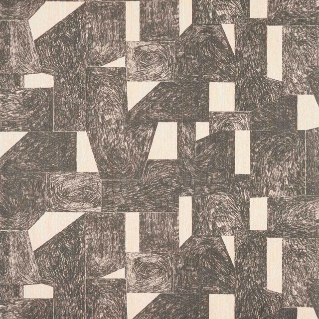 Charcoal and ivory abstract block wallpaper with visibly fibrous jute texture