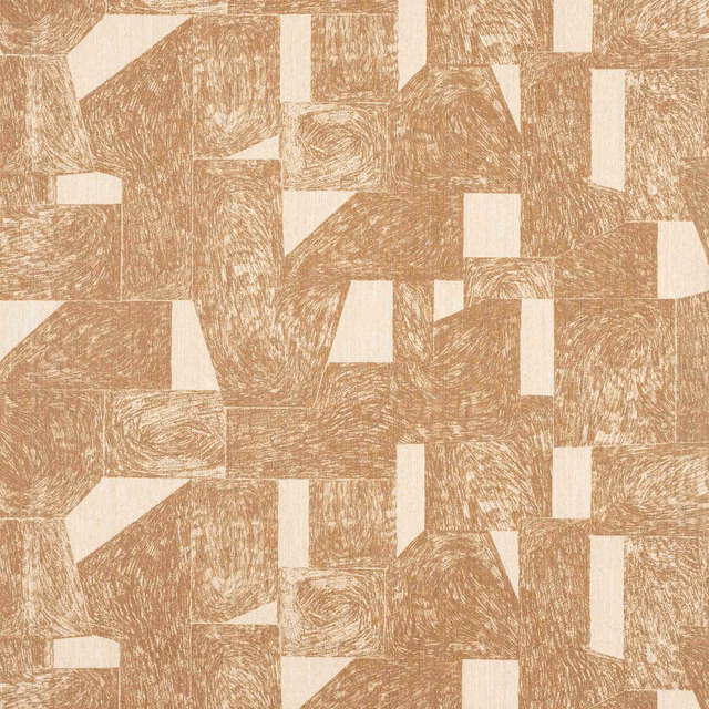 Warm tobacco jute wallcovering with cream abstract blocks and scratchy linear texture