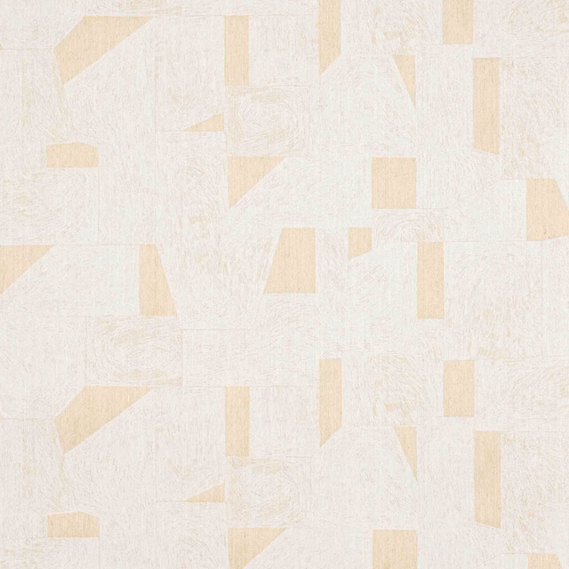 Warm white jute wallpaper with pale beige geometric blocks and subtle woven texture